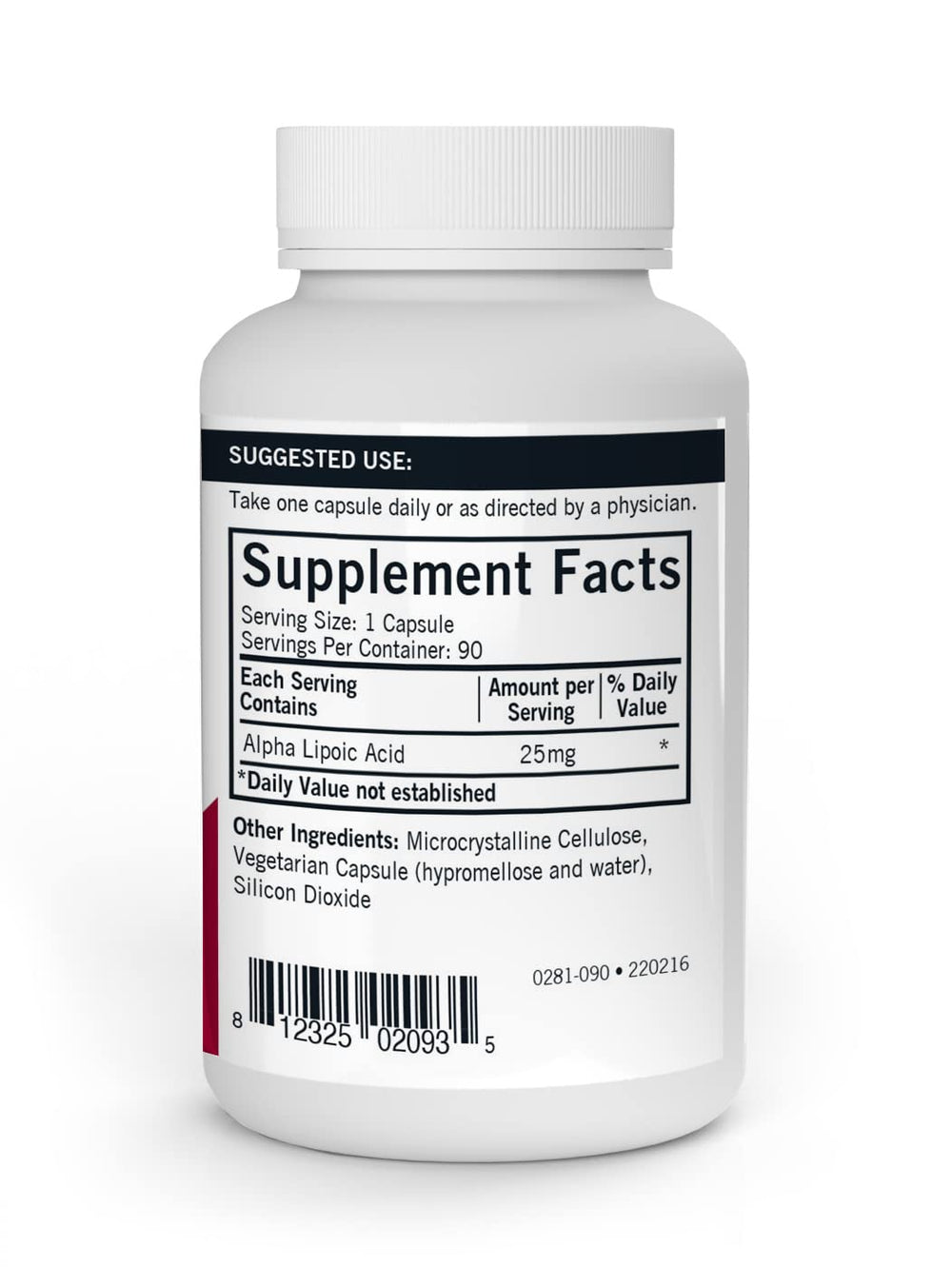 Kirkman Alpha Lipoic Acid 25 mg capsules label shows product details and usage
