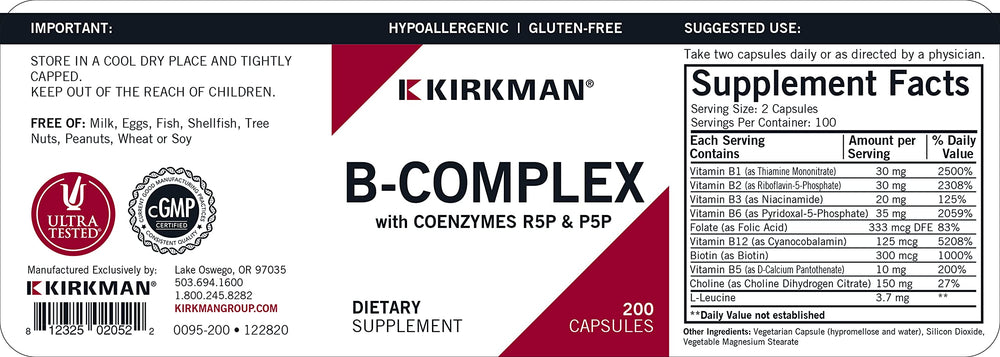 Kirkman B-Complex with CoEnzymes label detail emphasizing hypoallergenic, vegetarian formulation for sensitive systems.