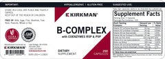 Kirkman B-Complex with CoEnzymes label detail emphasizing hypoallergenic, vegetarian formulation for sensitive systems.