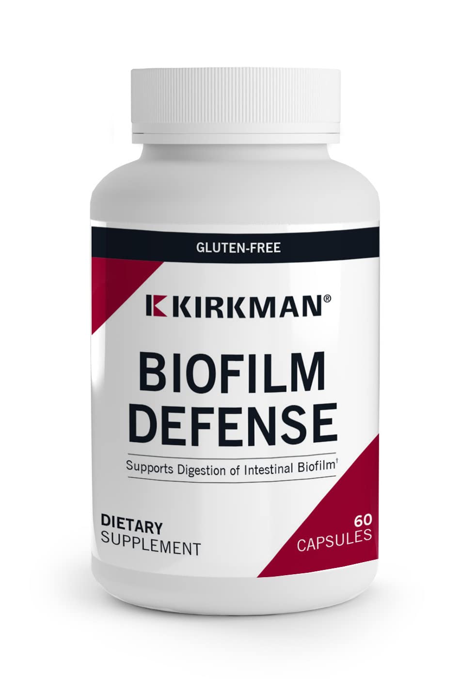 Kirkman Biofilm Defense bottle label highlights the enzyme blend for digestion support.