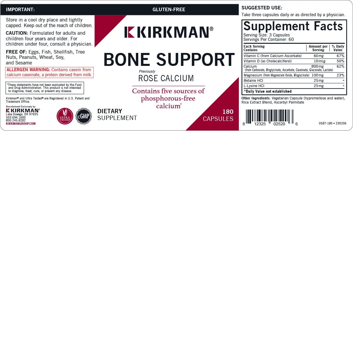 Kirkman label featuring phosphorus-free calcium and essential vitamins for bone health