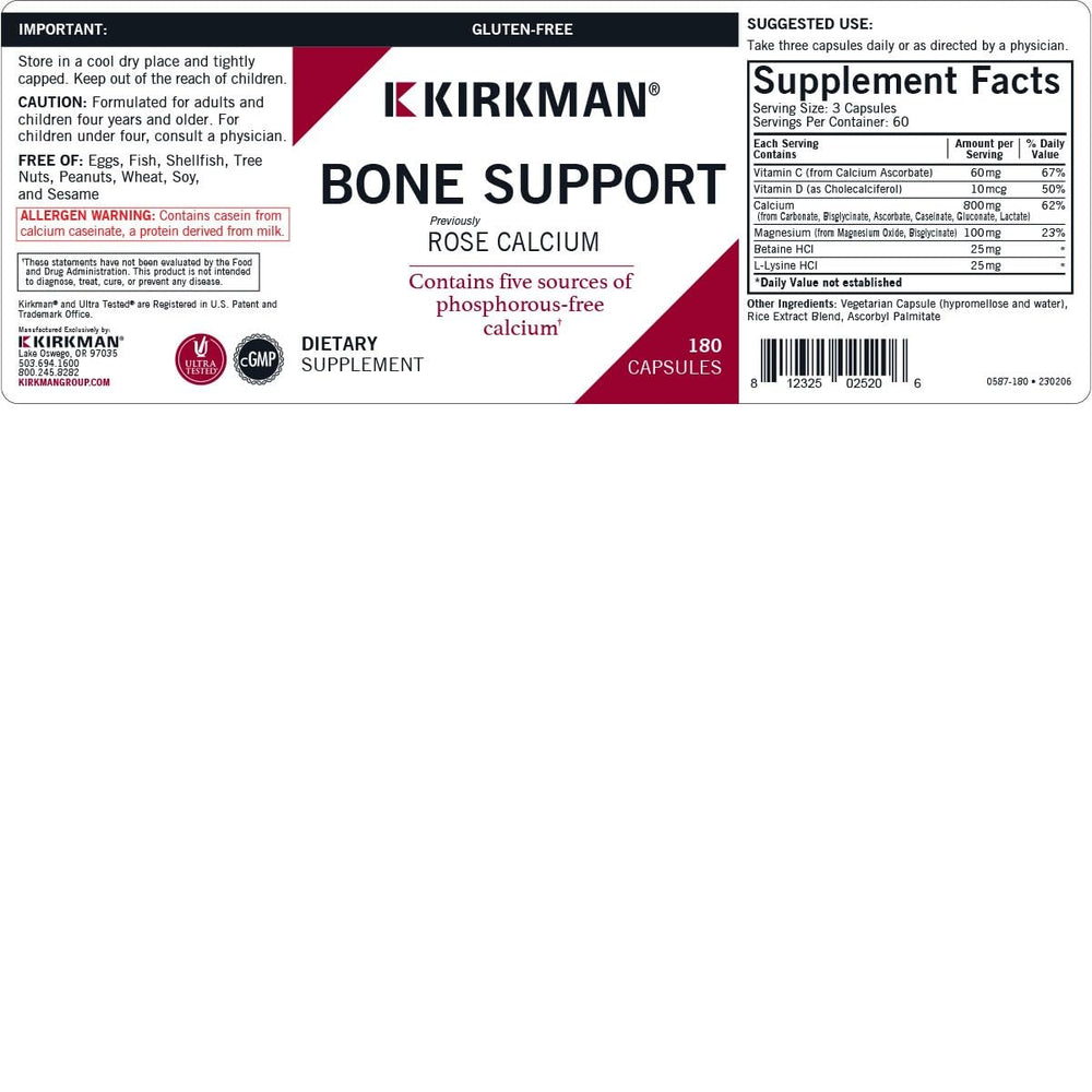 Kirkman label featuring phosphorus-free calcium and essential vitamins for bone health