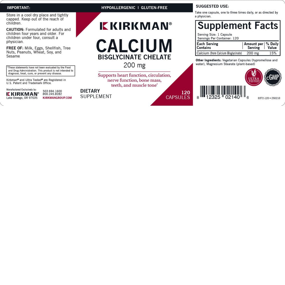 Kirkman Calcium Bisglycinate label details highlighting no vitamin D3
