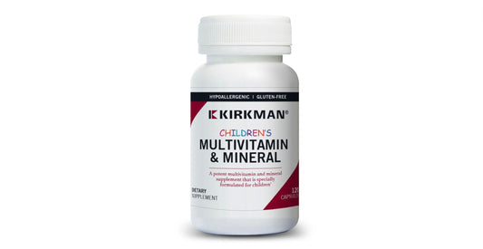 Kirkman children's multivitamin bottle closeup for daily nourishment and growth support.