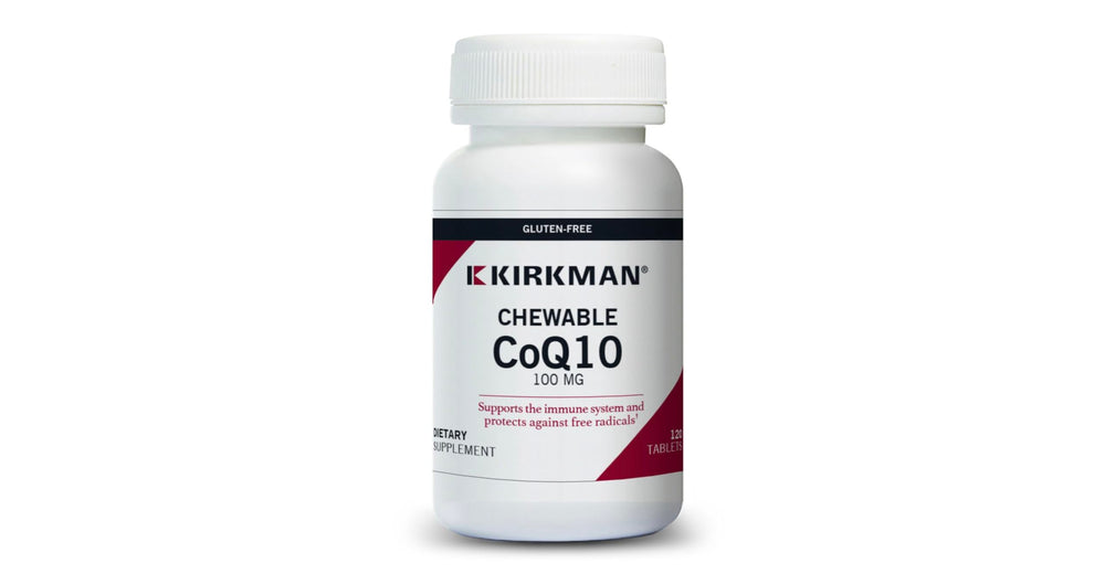 Kirkman Coenzyme Q10 25 mg bottle front view showing hypoallergenic, plant-based capsules.