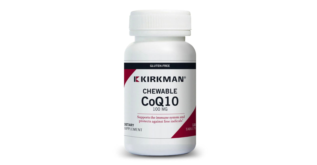 Kirkman Coenzyme Q10 25 mg bottle front view showing hypoallergenic, plant-based capsules.
