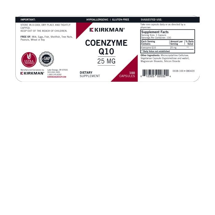 Kirkman CoQ10 label close-up highlighting hypoallergenic ingredients and vegan capsules.