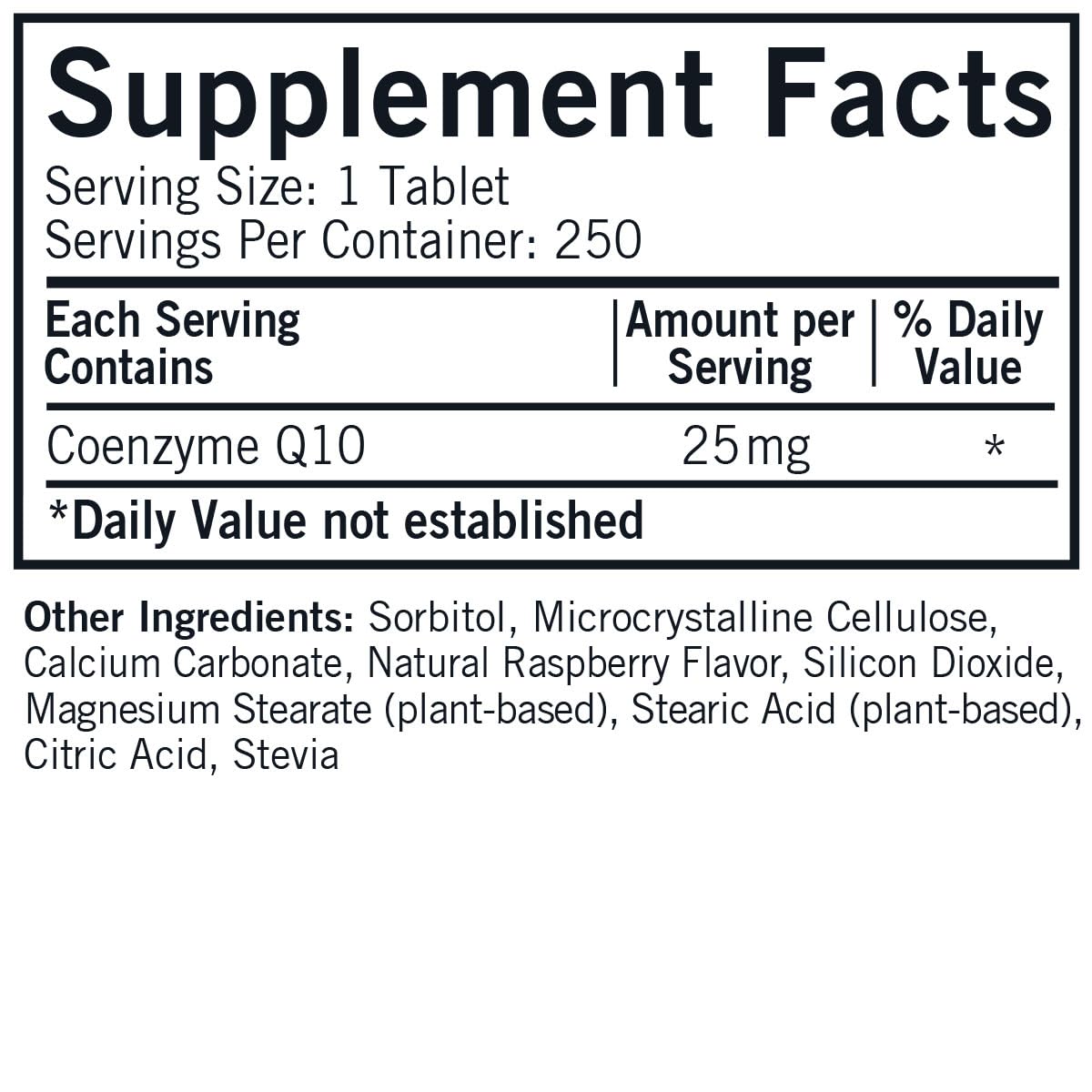 Kirkman CoQ10 25 mg bottle label shows gluten-free and casein-free features