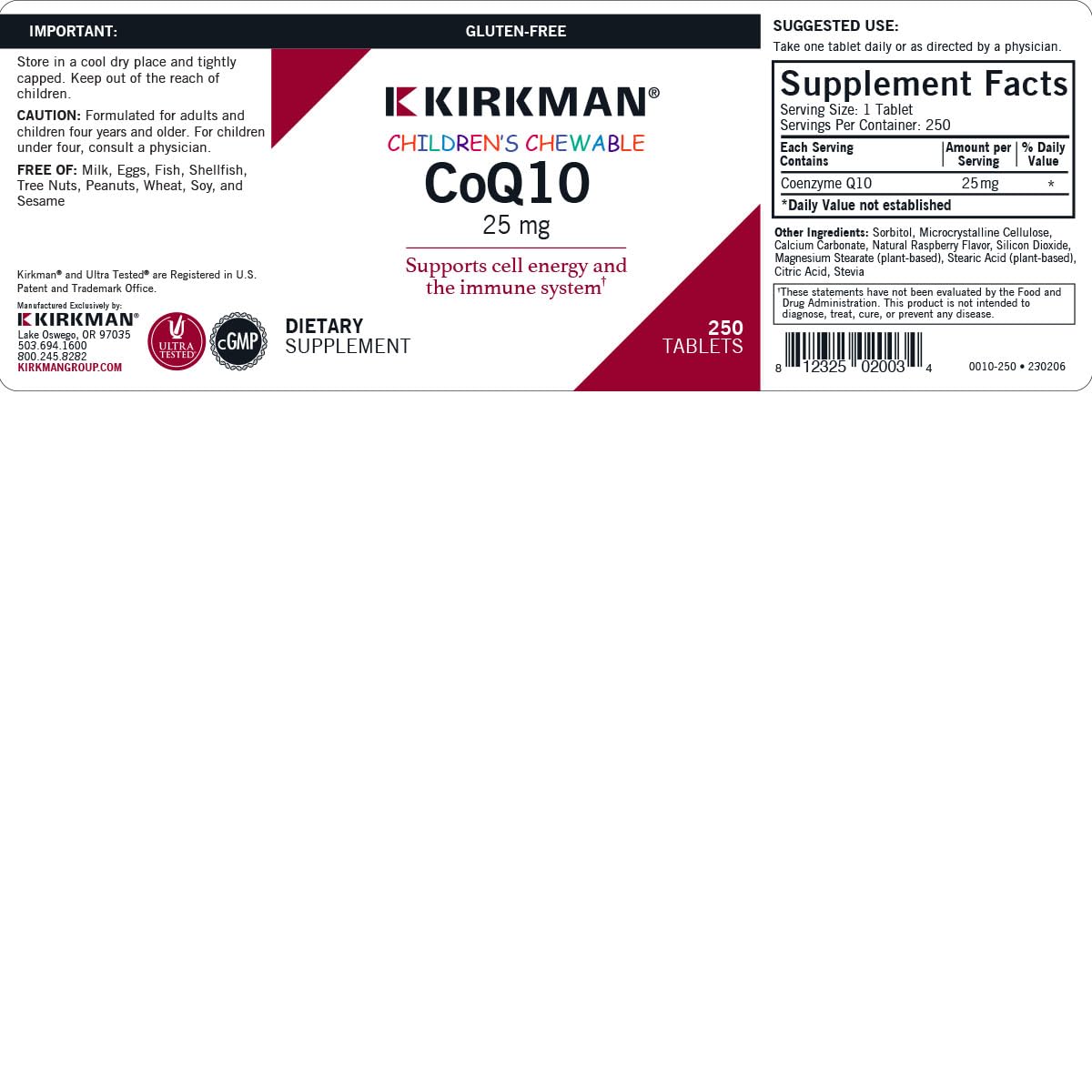 Kirkman CoQ10 25 mg raspberry-flavor chewables close-up, kid-friendly taste