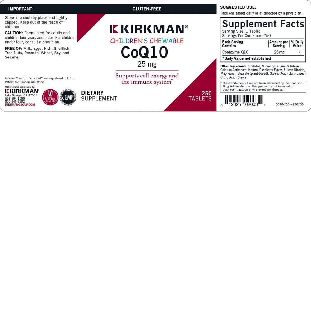 Kirkman CoQ10 25 mg raspberry-flavor chewables close-up, kid-friendly taste