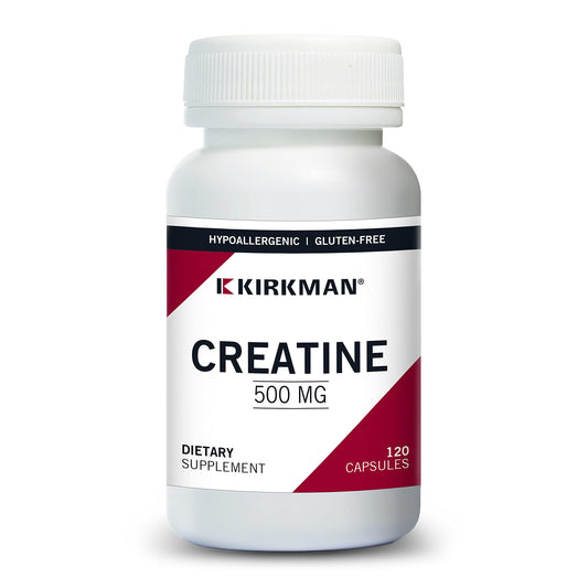 Kirkman Creatine 500 mg bottle—hypoallergenic energy support for workouts.
