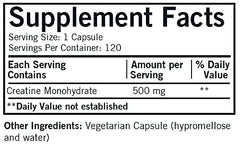 Kirkman Creatine 500 mg capsules—plant-based, gluten- and casein-free energy aid.
