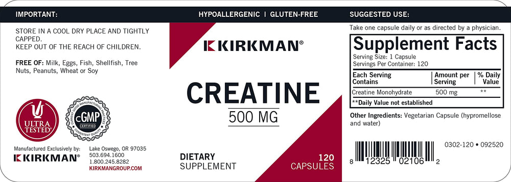 Kirkman Creatine 500 mg Ultra Tested label indicating quality and purity.