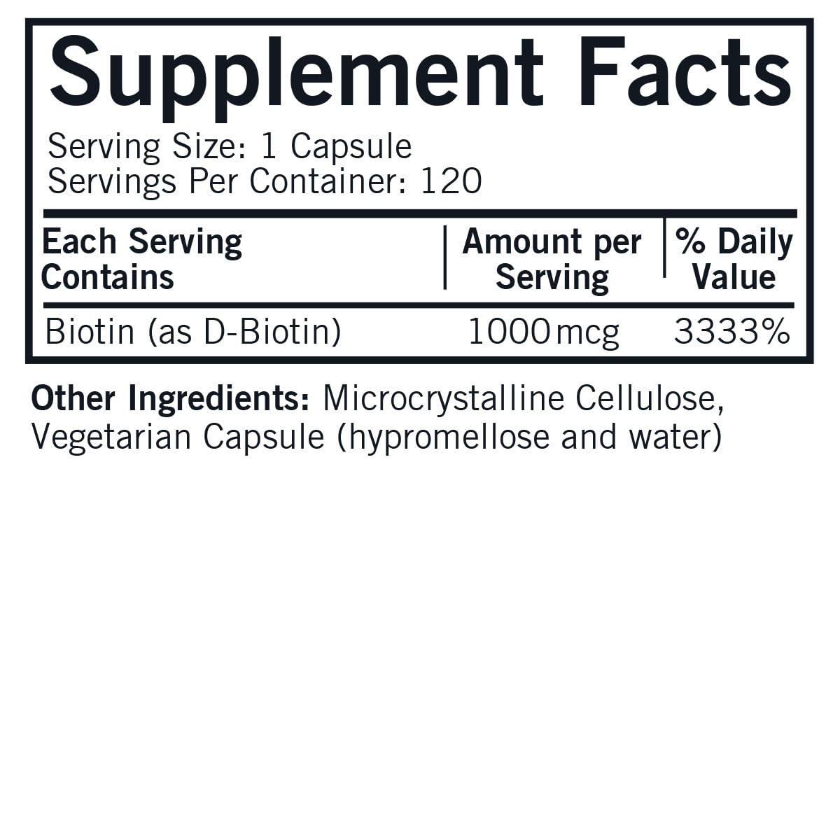 Kirkman D-Biotin 1000 mcg capsules close-up label highlighting hypoallergenic, plant-based formula.