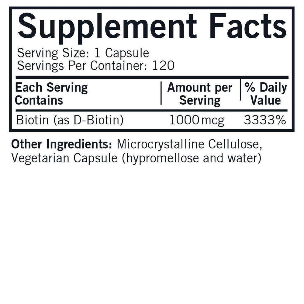 Kirkman D-Biotin 1000 mcg capsules close-up label highlighting hypoallergenic, plant-based formula.