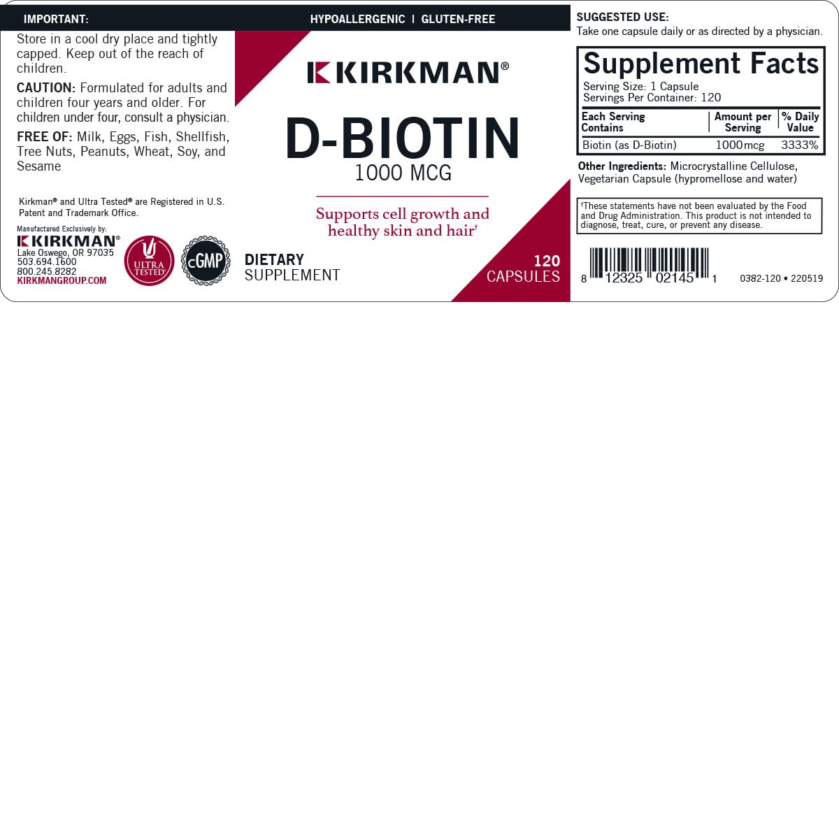Kirkman D-Biotin 1000 mcg capsules package scene emphasizes gluten and casein free capsules.