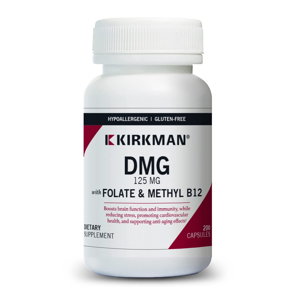 Kirkman DMG 125 mg with folate and methyl B12 bottle for daily wellness.