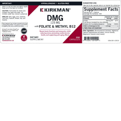 Kirkman DMG 125 mg folate and methyl B12 ingredients panel.