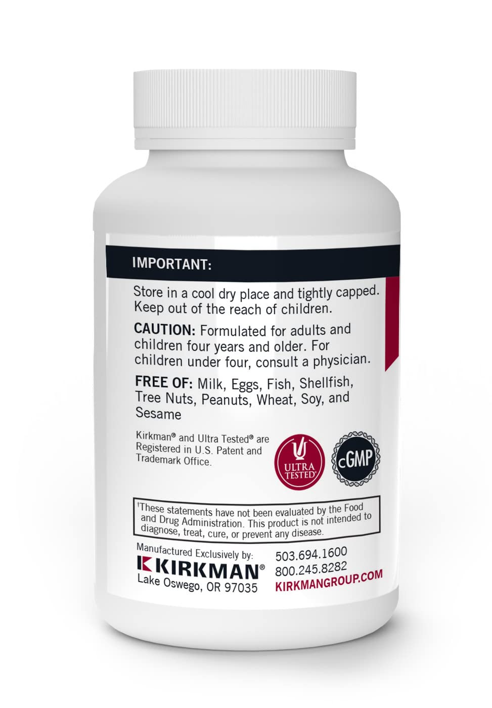 Close-up of Kirkman DMG 300 mg capsules in the bottle.