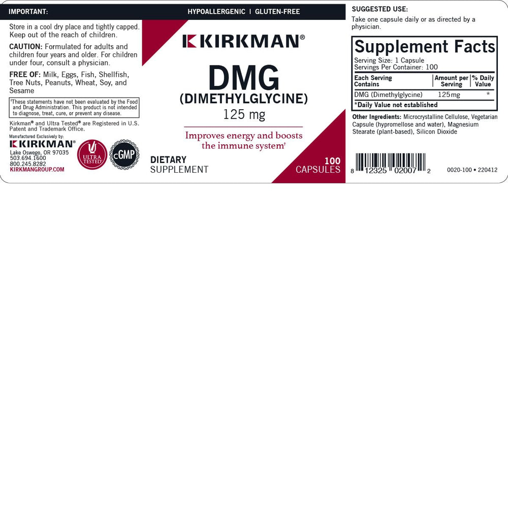 Kirkman DMG label close-up with dosage and hypoallergenic notes for safety.