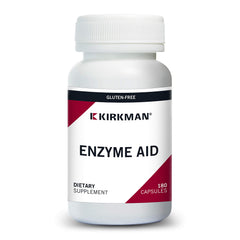 Kirkman Enzyme-Aid bottle label shows plant-based digestion support for gluten and casein.