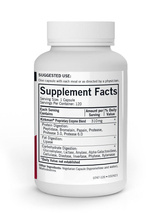 Kirkman Enzyme Complete DPP-IV capsules shown for hypoallergenic digestion across foods