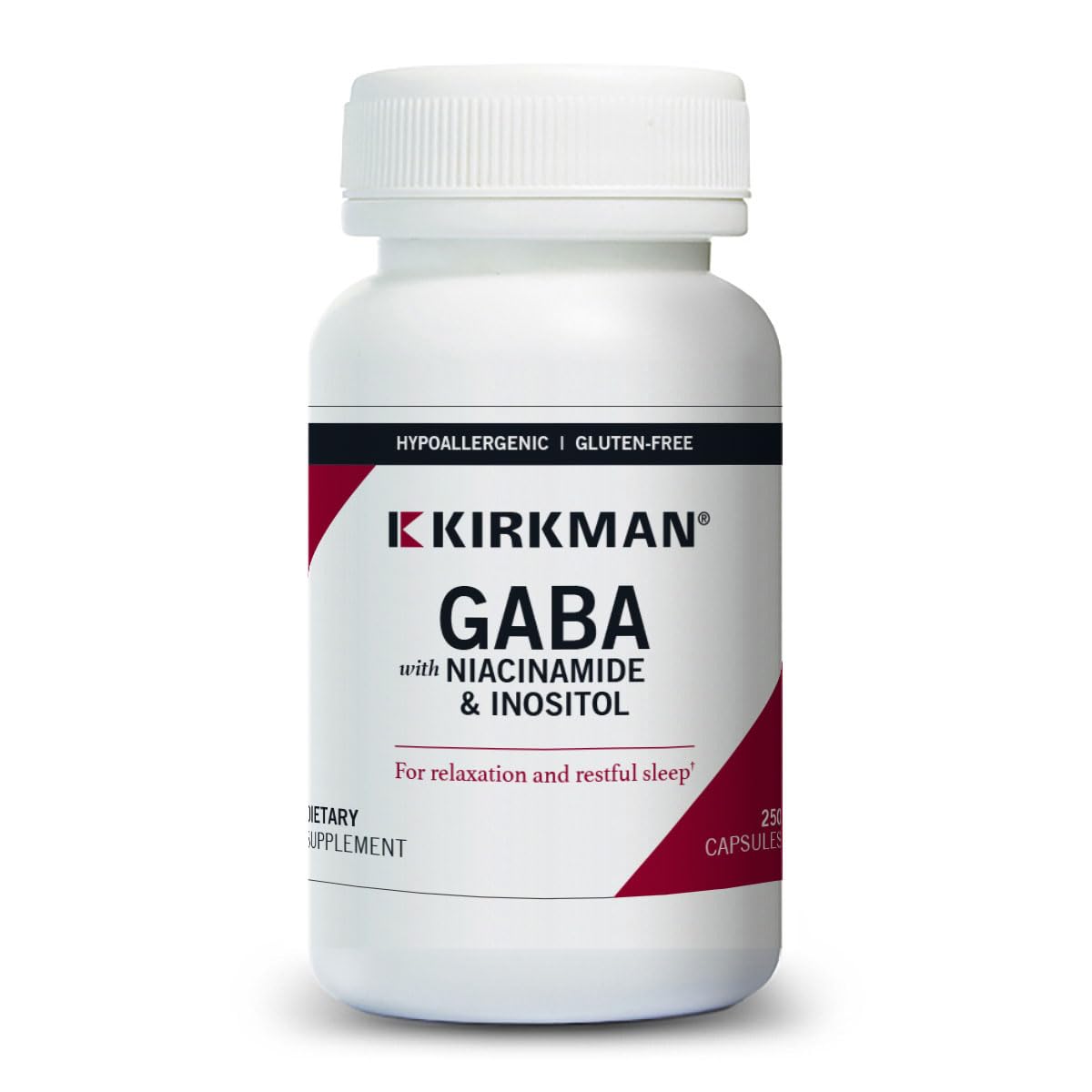 Kirkman GABA bottle front view supports calm focus and potential restful sleep.
