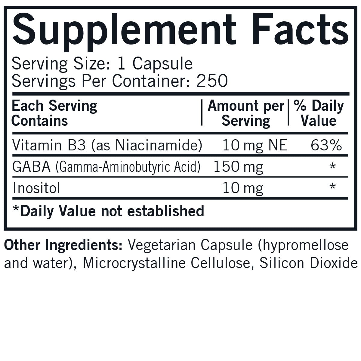 Kirkman GABA capsules close-up highlights niacinamide and inositol for relaxation.