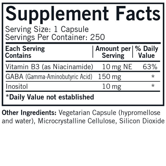 Kirkman GABA capsules close-up highlights niacinamide and inositol for relaxation.