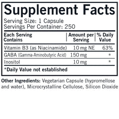 Kirkman GABA capsules close-up highlights niacinamide and inositol for relaxation.