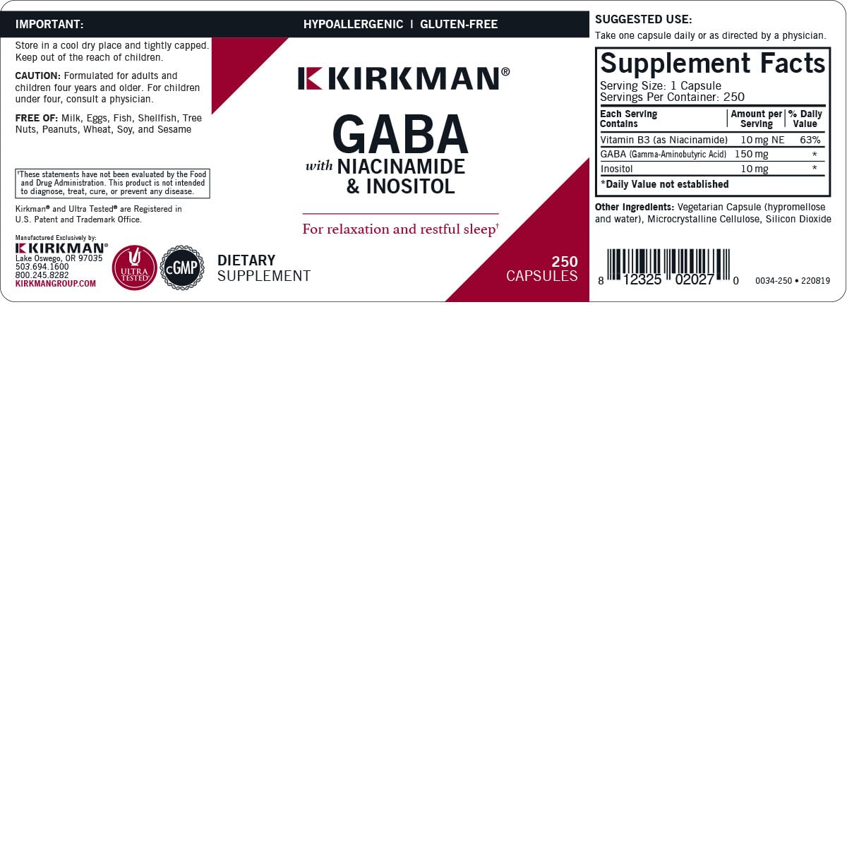 Kirkman GABA label detail shows hypoallergenic formula and allergen-safe ingredients.