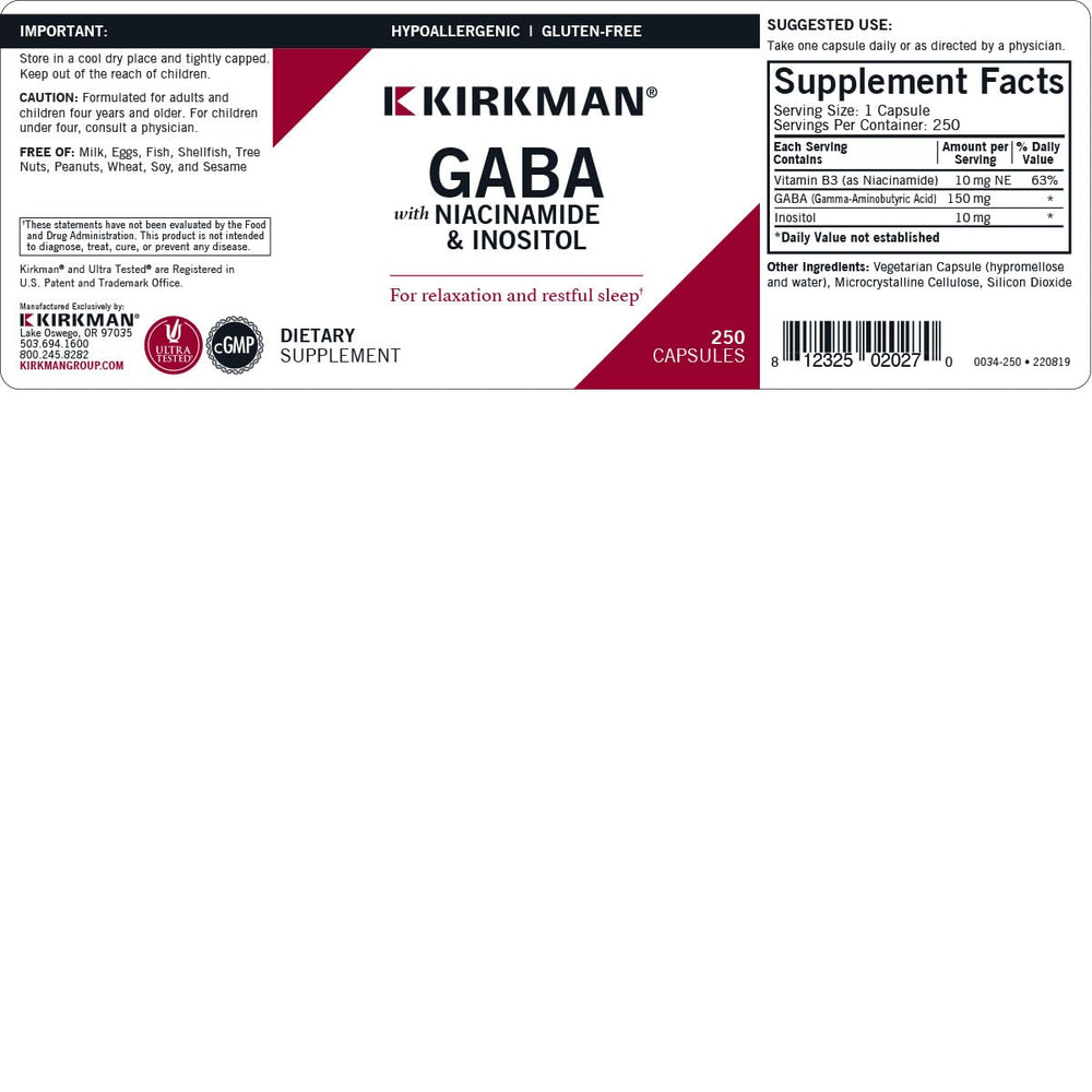 Kirkman GABA label detail shows hypoallergenic formula and allergen-safe ingredients.