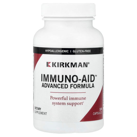 Kirkman Immuno-Aid Advanced Formula bottle displaying immune support benefits
