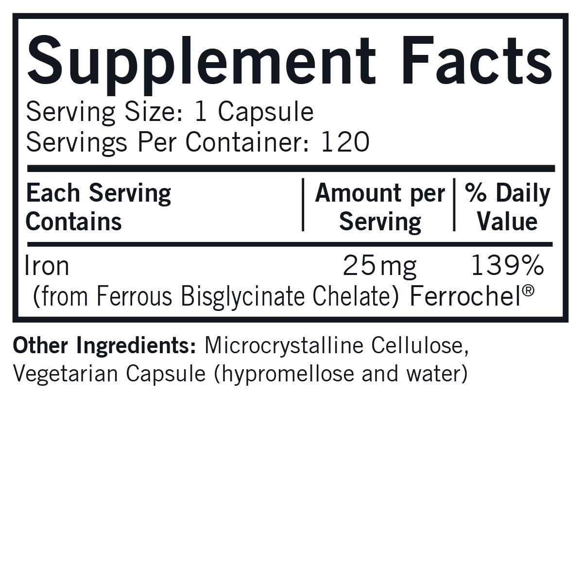 Closeup of Kirkman Iron 25 mg Bio-Max capsules highlighting gentle chelated iron.