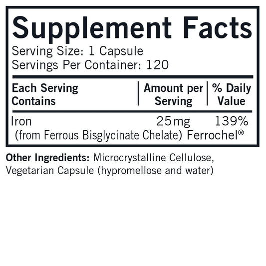 Closeup of Kirkman Iron 25 mg Bio-Max capsules highlighting gentle chelated iron.