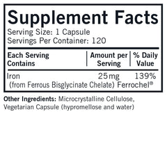 Closeup of Kirkman Iron 25 mg Bio-Max capsules highlighting gentle chelated iron.