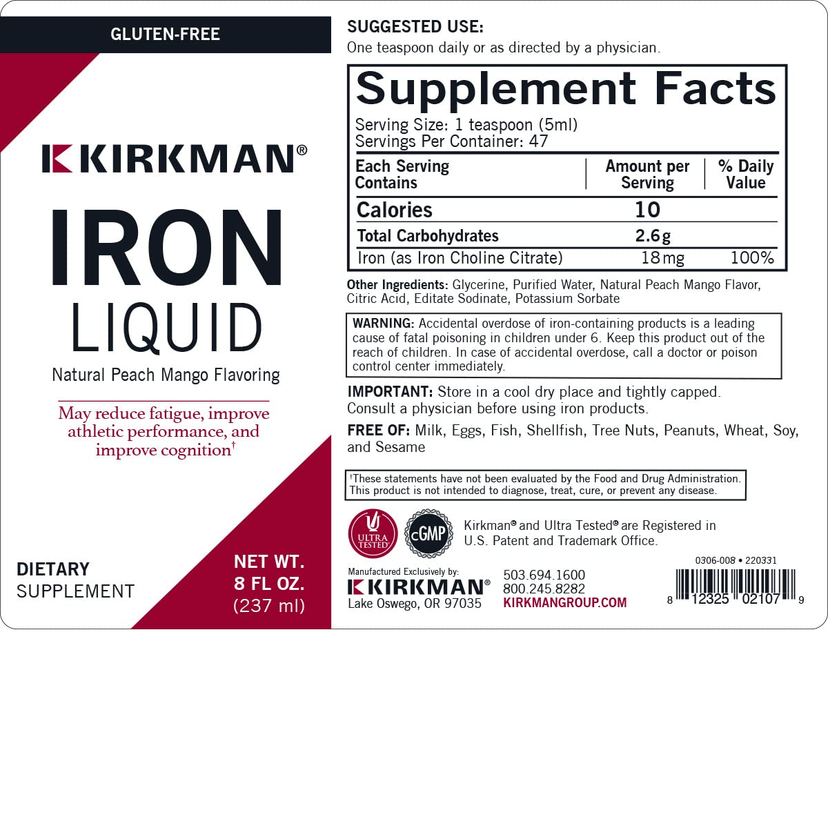 Kirkman Iron Liquid peach-mango flavor in glass with appealing taste.