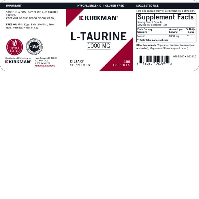 Kirkman L Taurine 1000 mg ingredients panel highlighting high purity formulation for safe supplementation