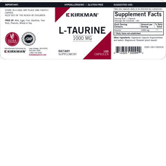 Kirkman L Taurine 1000 mg ingredients panel highlighting high purity formulation for safe supplementation