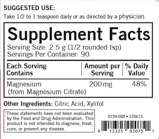 Kirkman magnesium citrate powder with citrus flavor ready to dissolve for versatile hypoallergenic supplementation.
