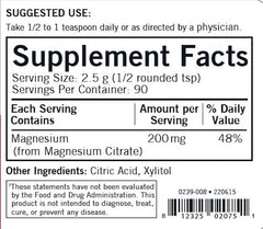Kirkman magnesium citrate powder with citrus flavor ready to dissolve for versatile hypoallergenic supplementation.