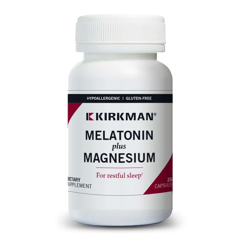 Kirkman Melatonin Plus Magnesium bottle front may support a calming nightly routine.