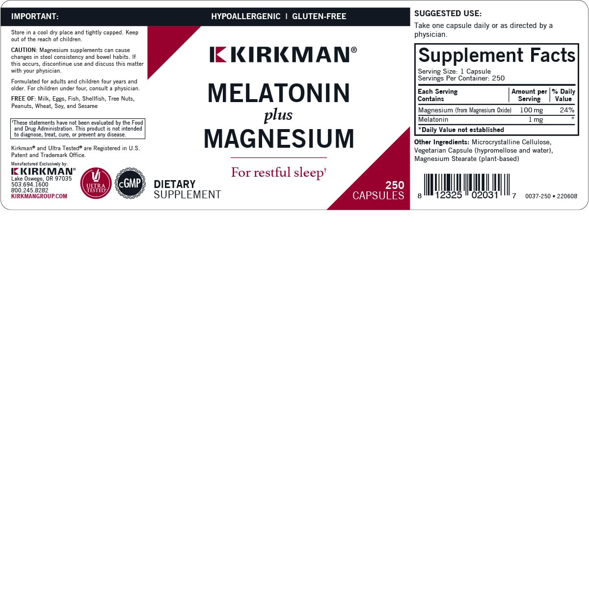 Kirkman Melatonin Plus Magnesium capsules dispensed for convenient daily use.