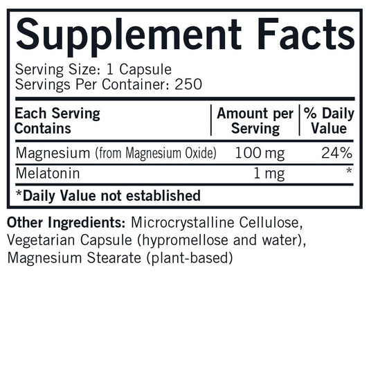 Kirkman Melatonin Plus Magnesium label close-up highlights natural melatonin and magnesium.