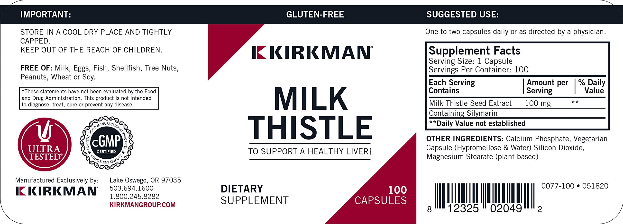 Kirkman Milk Thistle capsules; vegetarian formula for liver support
