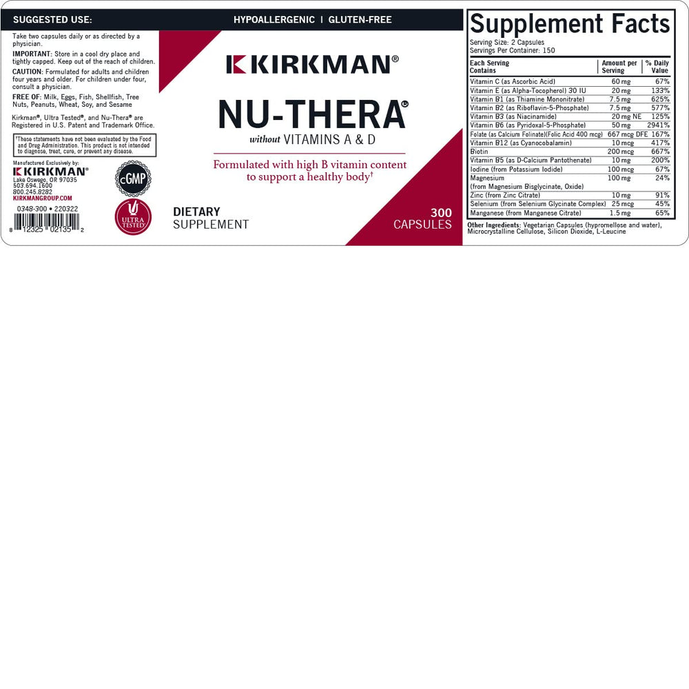 Kirkman Nu-Thera label showing vitamin B6 and minerals for everyday use