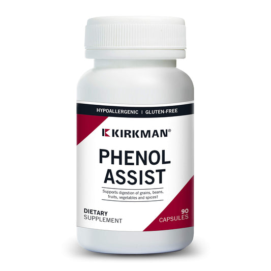 Kirkman Phenol Assist bottle with plant-based capsules for easy dosing.