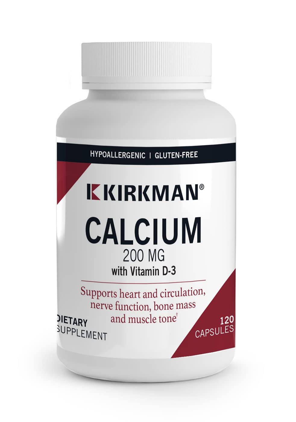 Kirkman Pure Calcium 200mg bottle with bisglycinate formula for gentle absorption.