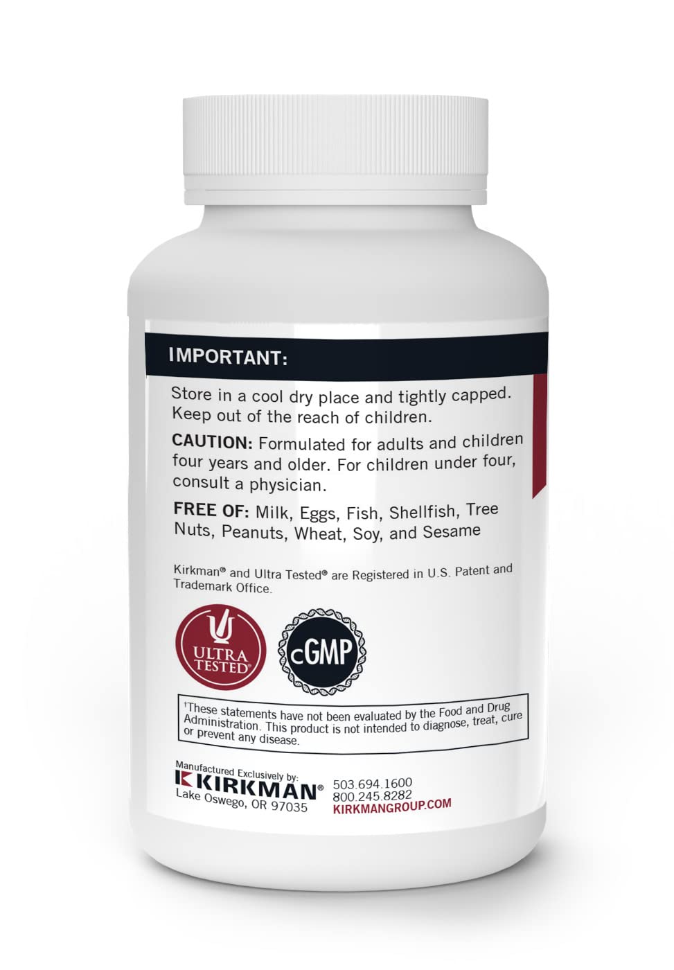 Kirkman Pure Calcium with 2 mcg Vitamin D per serving to aid absorption.