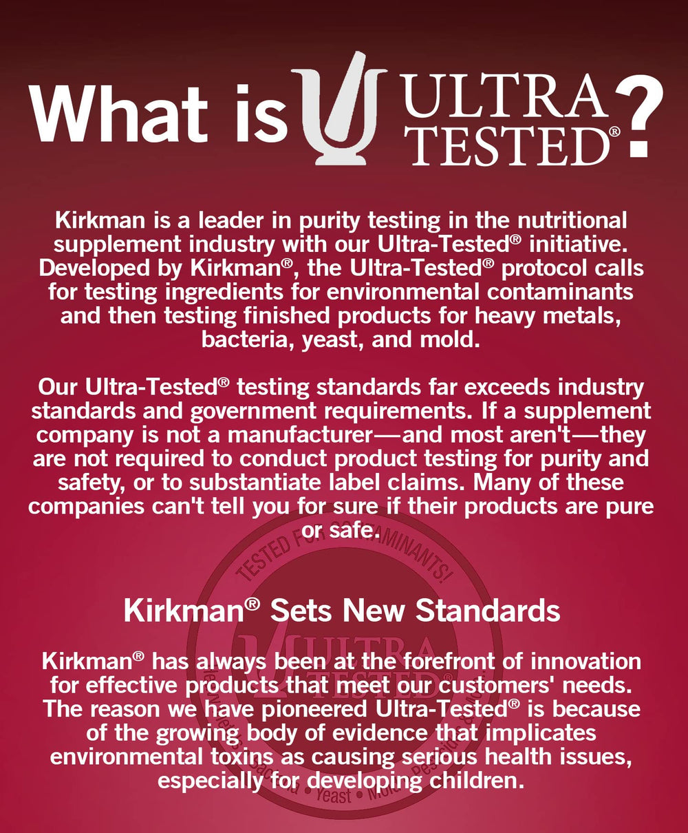 Kirkman Pure Calcium packaging highlights gluten-free and casein-free formula.